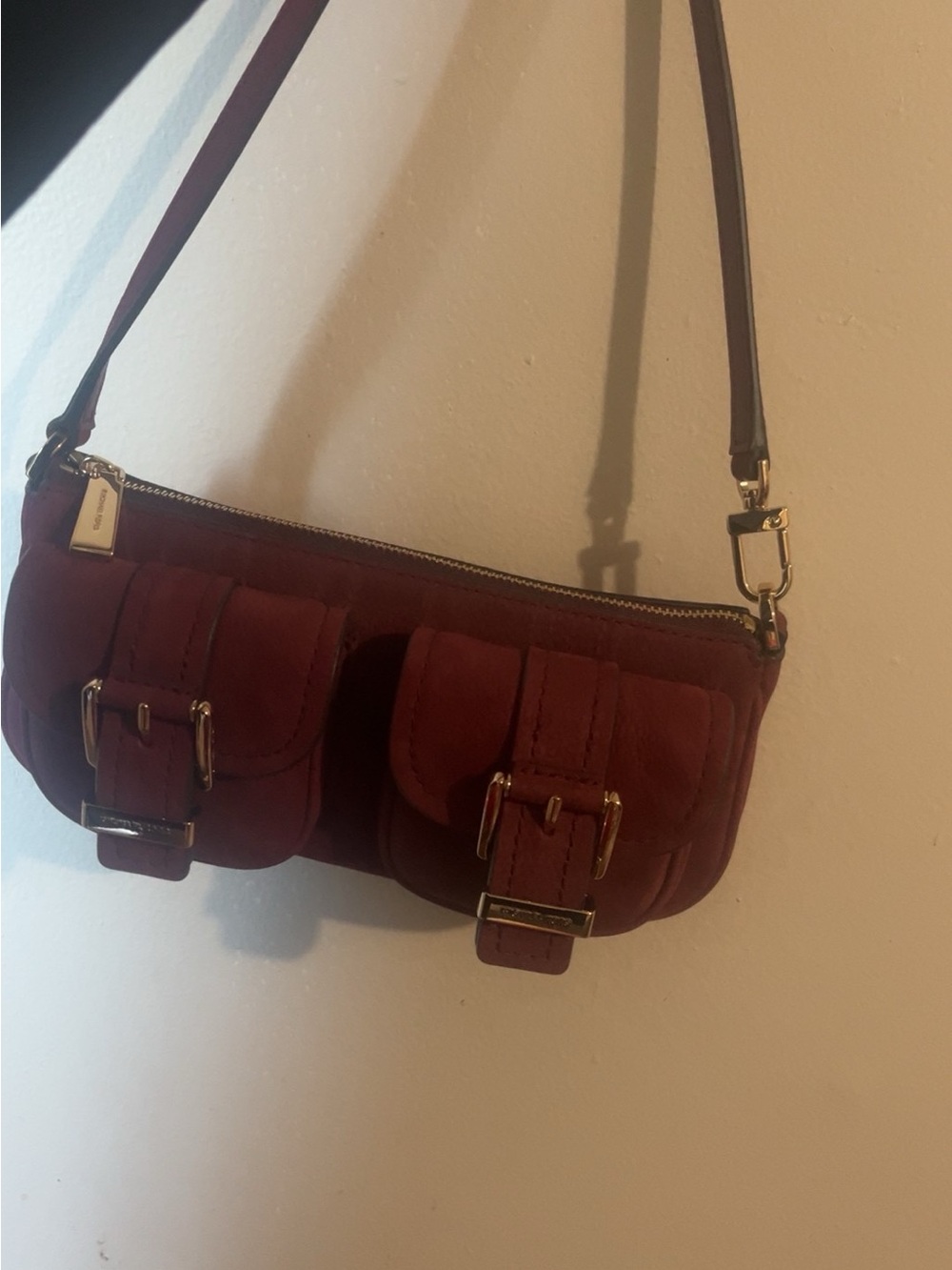Michael Kors Burgundy Suede Mini Shoulder Bag with Buckle Pockets